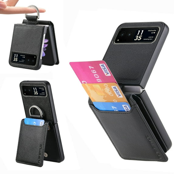 for Motorola Razr 40 Wallet Case with Magnetic Clasp Credit Card Slots for Women Men Lichee Pattern PU Leather Fringer Ring Holder Shockproof Phone Case for Motorola Moto Razr 40 Case, Black