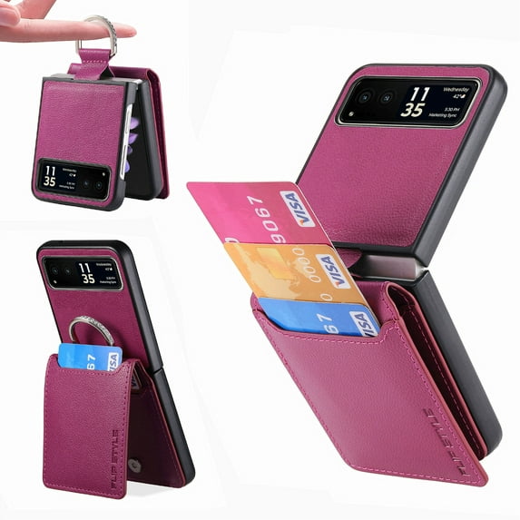 for Motorola Razr 40 Wallet Case with Magnetic Clasp Credit Card Slots for Women Men Lichee Pattern PU Leather Fringer Ring Holder Shockproof Phone Case for Motorola Moto Razr 40 Case, Purple