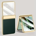 thumbnail image 1 of for Motorola Razr 60 / Motorola Razr 2025 Case, Hinge Protection Luxury PU Leather Electroplated Design Skin Friendly Phone Cover, with Tempered Glass Screen Protector, Darkgreen, 1 of 9