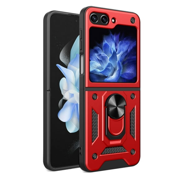 for Motorola Razr 60 / Motorola Razr 2025 Case, with Ring Kickstand and Screen Protector, Heavy Duty Protection Shockproof Protective Rubber PC Phone Back Cover, Red