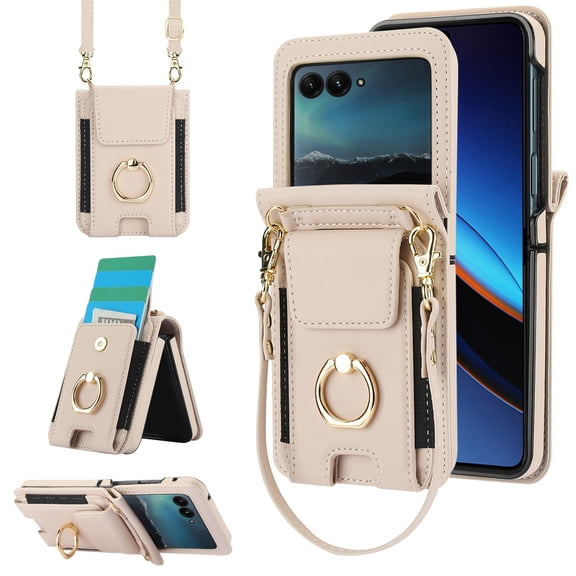 for Motorola Razr 60 / Motorola Razr 2025 Wallet Case Crossbody, PU Leather Zipper Handbag Purse Flip Cover, Back Card Slots, Adjustable Shoulder Strap, Finger Ring Stand, White