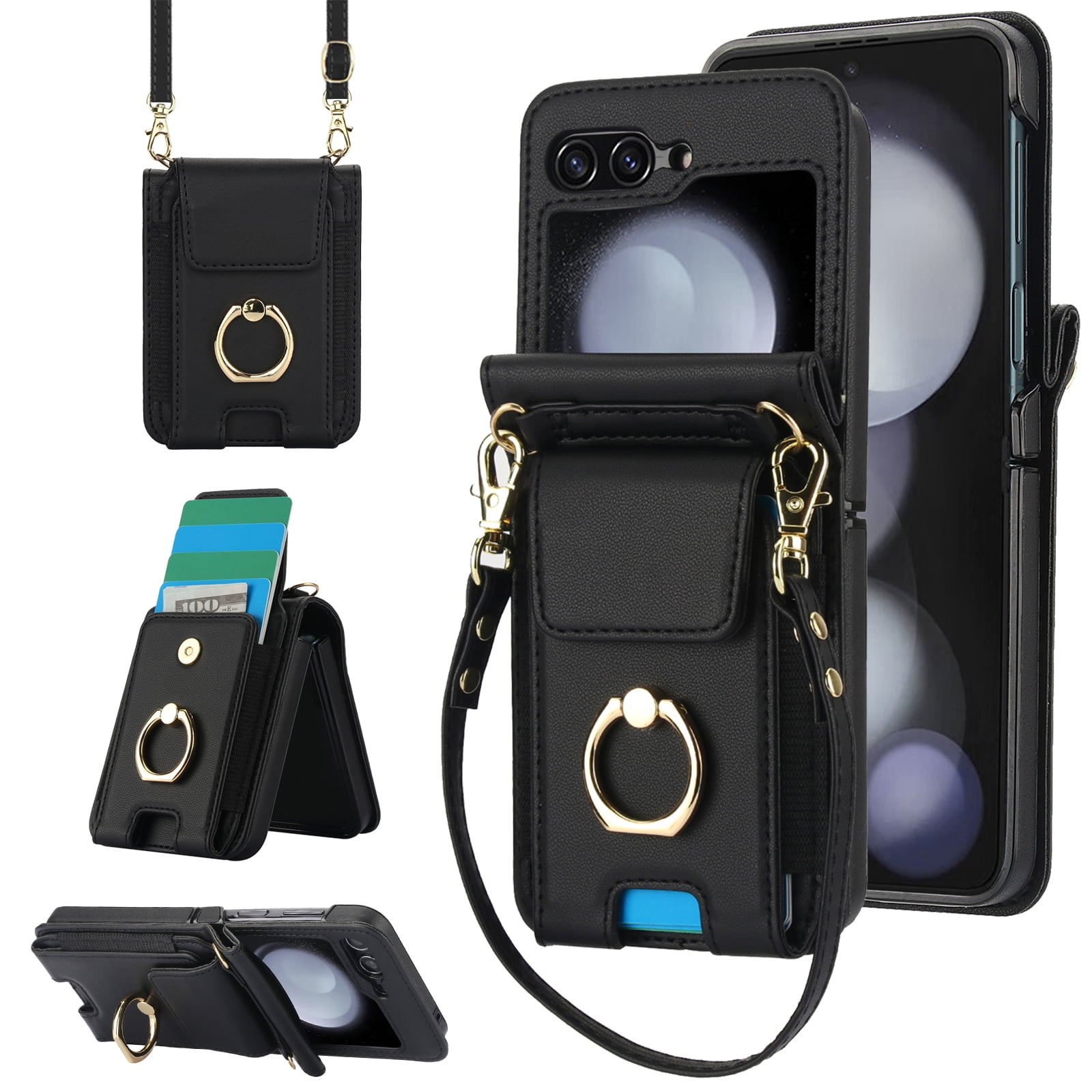 for Motorola Razr 60/Razr 2025 Case, Retro PU Leather Shockproof Protection Phone Case Wallet Built in Credit Card Slots Flip Cover Finger Ring Stand with Long Strap + Short Strap, Black