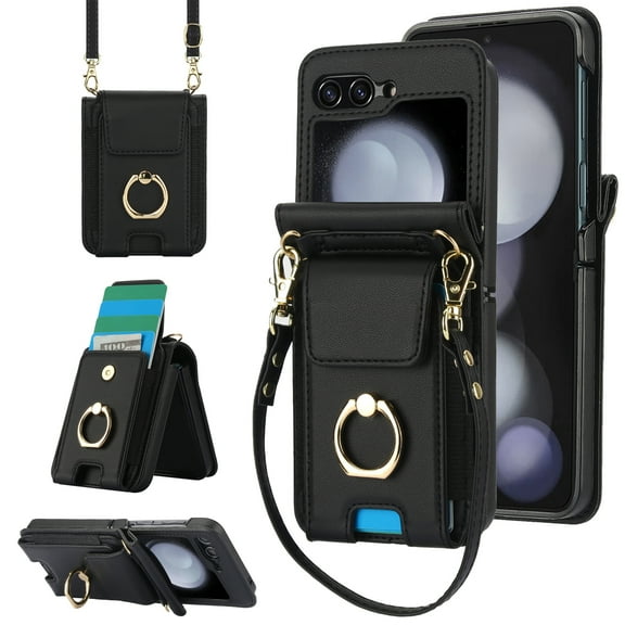 for Motorola Razr 60/Razr 2025 Case, Retro PU Leather Shockproof Protection Phone Case Wallet Built in Credit Card Slots Flip Cover Finger Ring Stand with Long Strap + Short Strap, Black