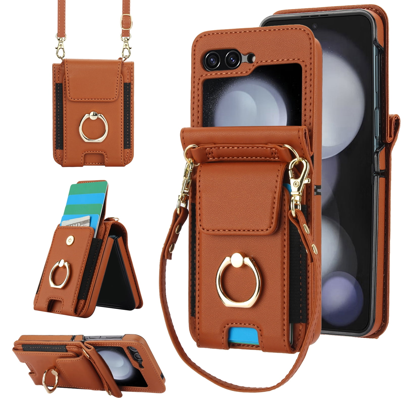 for Motorola Razr 60/Razr 2025 Case, Retro PU Leather Shockproof Protection Phone Case Wallet Built in Credit Card Slots Flip Cover Finger Ring Stand with Long Strap + Short Strap, Brown