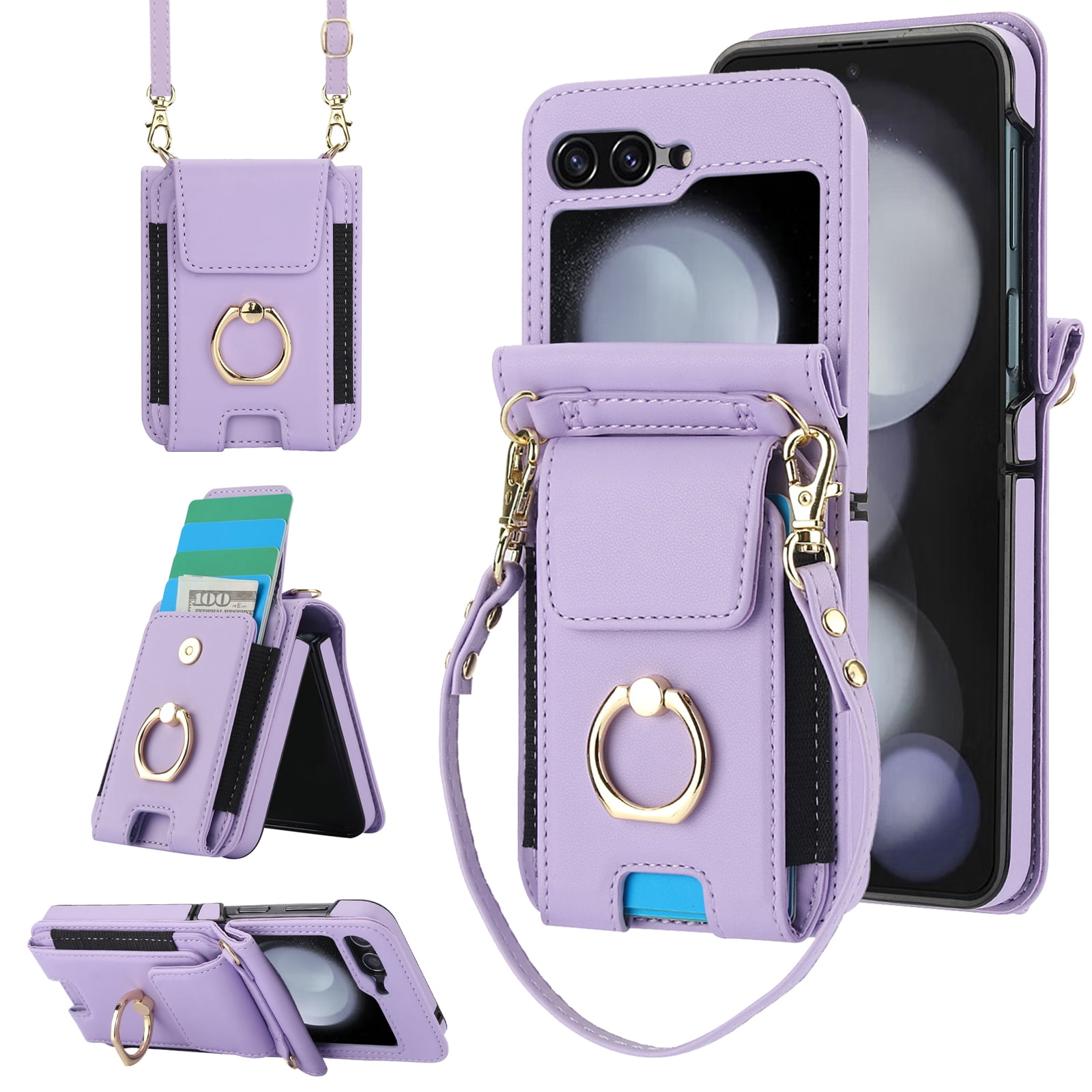 for Motorola Razr 60/Razr 2025 Case, Retro PU Leather Shockproof Protection Phone Case Wallet Built in Credit Card Slots Flip Cover Finger Ring Stand with Long Strap + Short Strap, Purple