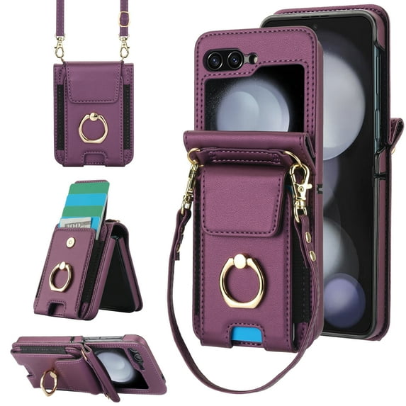 for Motorola Razr 60/Razr 2025 Case, Retro PU Leather Shockproof Protection Phone Case Wallet Built in Credit Card Slots Flip Cover Finger Ring Stand with Long Strap + Short Strap, Darkpurple