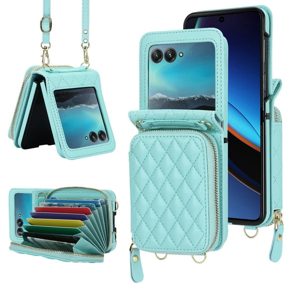 for Motorola Razr 60/Razr 2025 Wallet Case, Adjustable Detachable Crossbody Strap Zipper Purse with Credit Card Slots Holder RFID Blocking PU Leather Protective Cover for Women Girls, Mint