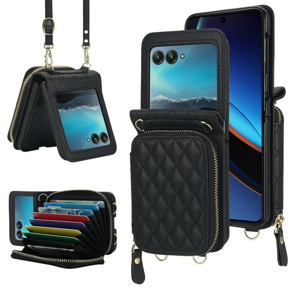 for Motorola Razr 60/Razr 2025 Wallet Case, Adjustable Detachable Crossbody Strap Zipper Purse with Credit Card Slots Holder RFID Blocking PU Leather Protective Cover for Women Girls, Black