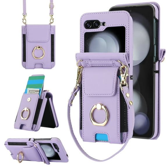for Motorola Razr 60 Ultra Case, Retro PU Leather Shockproof Protection Phone Case Wallet Built in Credit Card Slots Flip Cover Finger Ring Stand with Long Strap + Short Strap, Purple