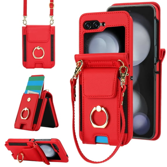 for Motorola Razr 60 Ultra Case, Retro PU Leather Shockproof Protection Phone Case Wallet Built in Credit Card Slots Flip Cover Finger Ring Stand with Long Strap + Short Strap, Red