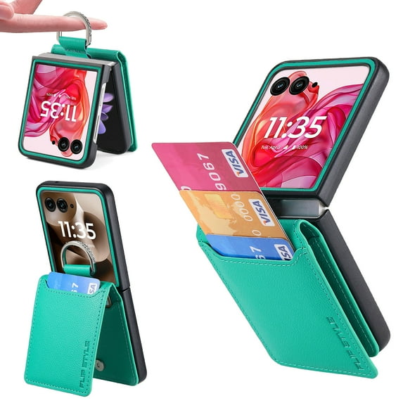 For Motorola Razr 60 Ultra Finger Ring Grip Case Wallet PU Leather with Card Holder Wallet Case with RFID Blocking Card Slot Drop-Resistant Durable Shockproof Case for Men Women,Green