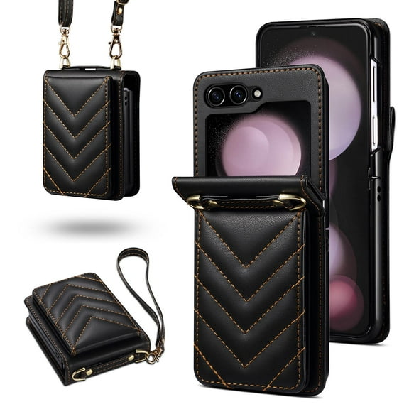 for Motorola Razr 60 Ultra / Motorola Razr Ultra 2025 PU Leather Case, Luxury Shoulder Strap & Wristlet 3 Card Slots Magnetic Snap Shockproof Protective Elegant Phone Case Cover, Black