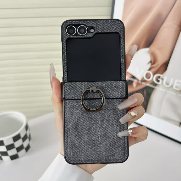 for Motorola Razr 60 Ultra / Motorola Ultra 2025 Case, Denim Texture PU Leather + Durable PC Frame, Fashion Magnetic Wireless Charging Finger Ring Bracket Phone Case Cover - Black