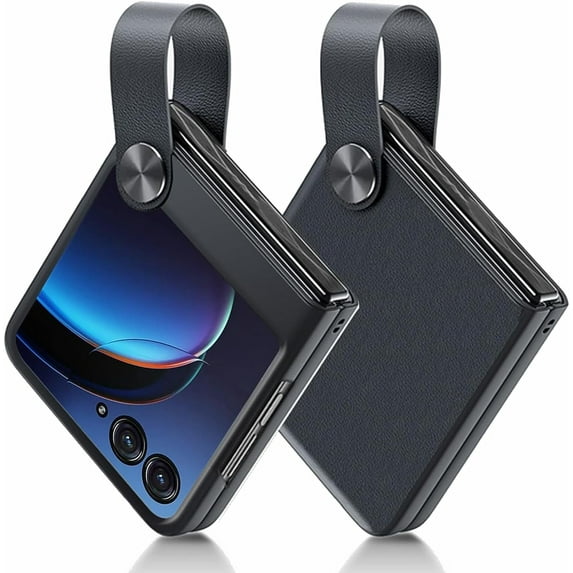 for Motorola Razr Plus 2023 Case with Hand Strap, Premium PU Leather Moto Razr+ Case for Women Girls, Shockproof Protective Slim Case for Motorola Razr Plus 2023, Black