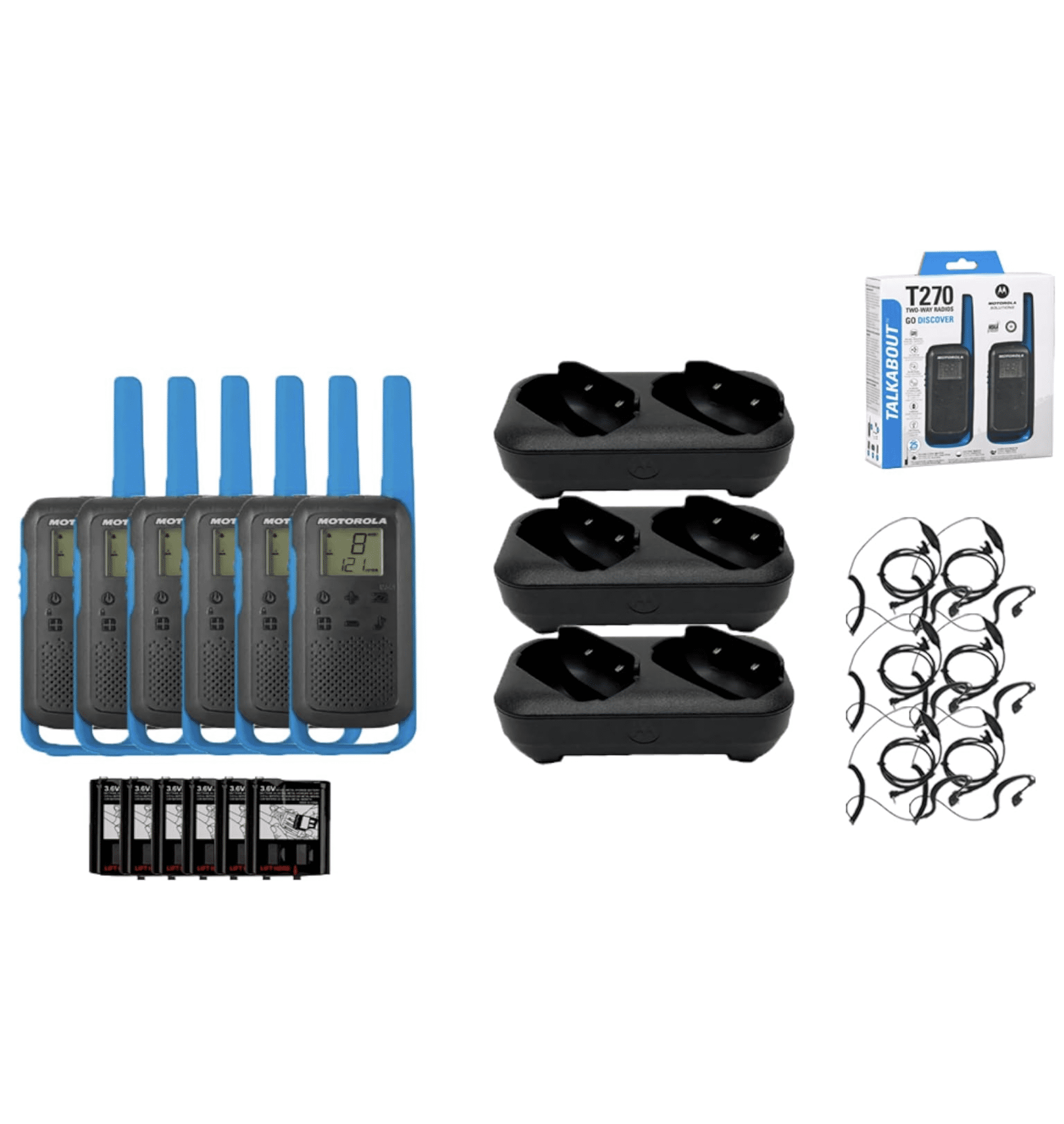 Motorola Solutions Portable FRS Talkabout T270 Two Way Radio 6-Pack Walkie Talkies Blue/Black 22 Channels PTT Earpieces Dual Chargers Rechargeable