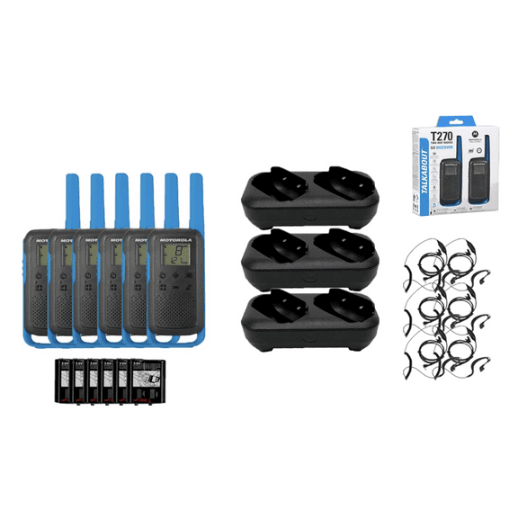 Motorola Solutions Portable FRS Talkabout T270 Two Way Radio 6-Pack Walkie Talkies Blue/Black 22 Channels PTT Earpieces Dual Chargers Rechargeable