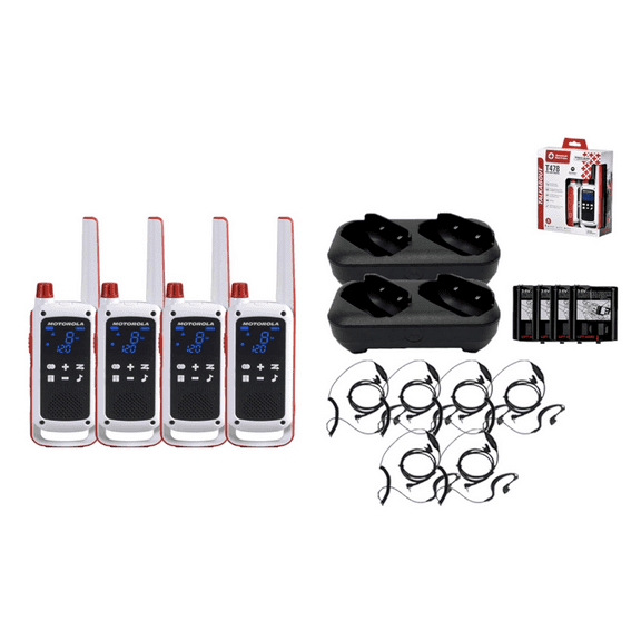 Motorola Solutions Talkabout Portable FRS T478 Red Cross Two Way Radio 4 Pack Walkie Talkies White/Red 22 Channels PTT Earpieces Dual Chargers Emergency Preparedness