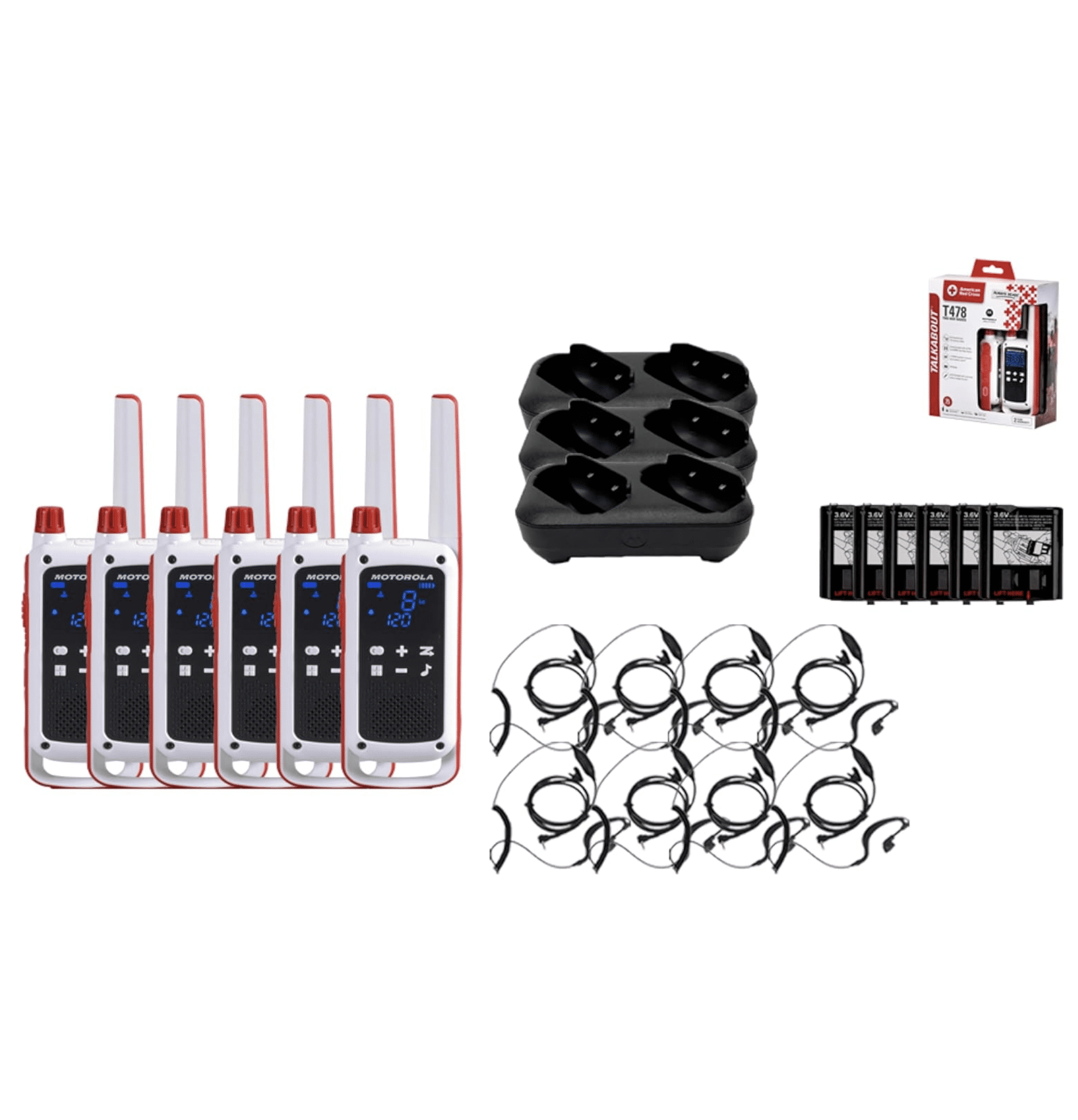 Motorola Solutions Talkabout Portable Red Cross FRS T478 Two Way Radio 6 Pack Walkie Talkies White/Red 22 Channels PTT Earpieces Dual Chargers Emergency Preparedness