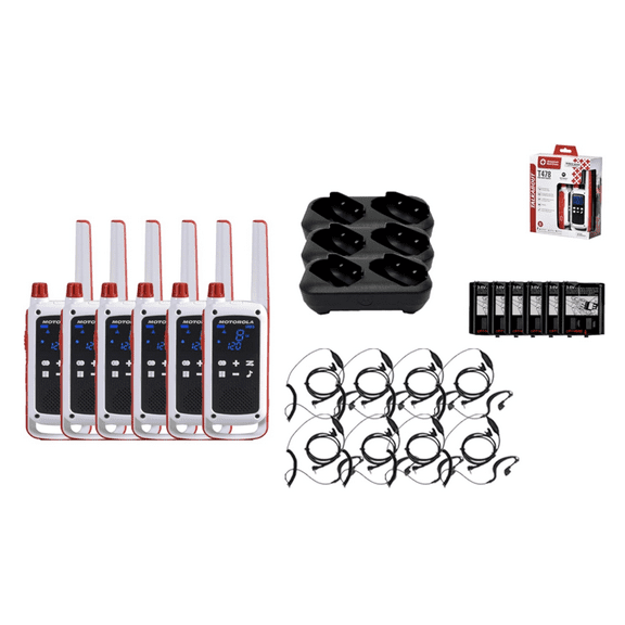 Motorola Solutions Talkabout Portable Red Cross FRS T478 Two Way Radio 6 Pack Walkie Talkies White/Red 22 Channels PTT Earpieces Dual Chargers Emergency Preparedness