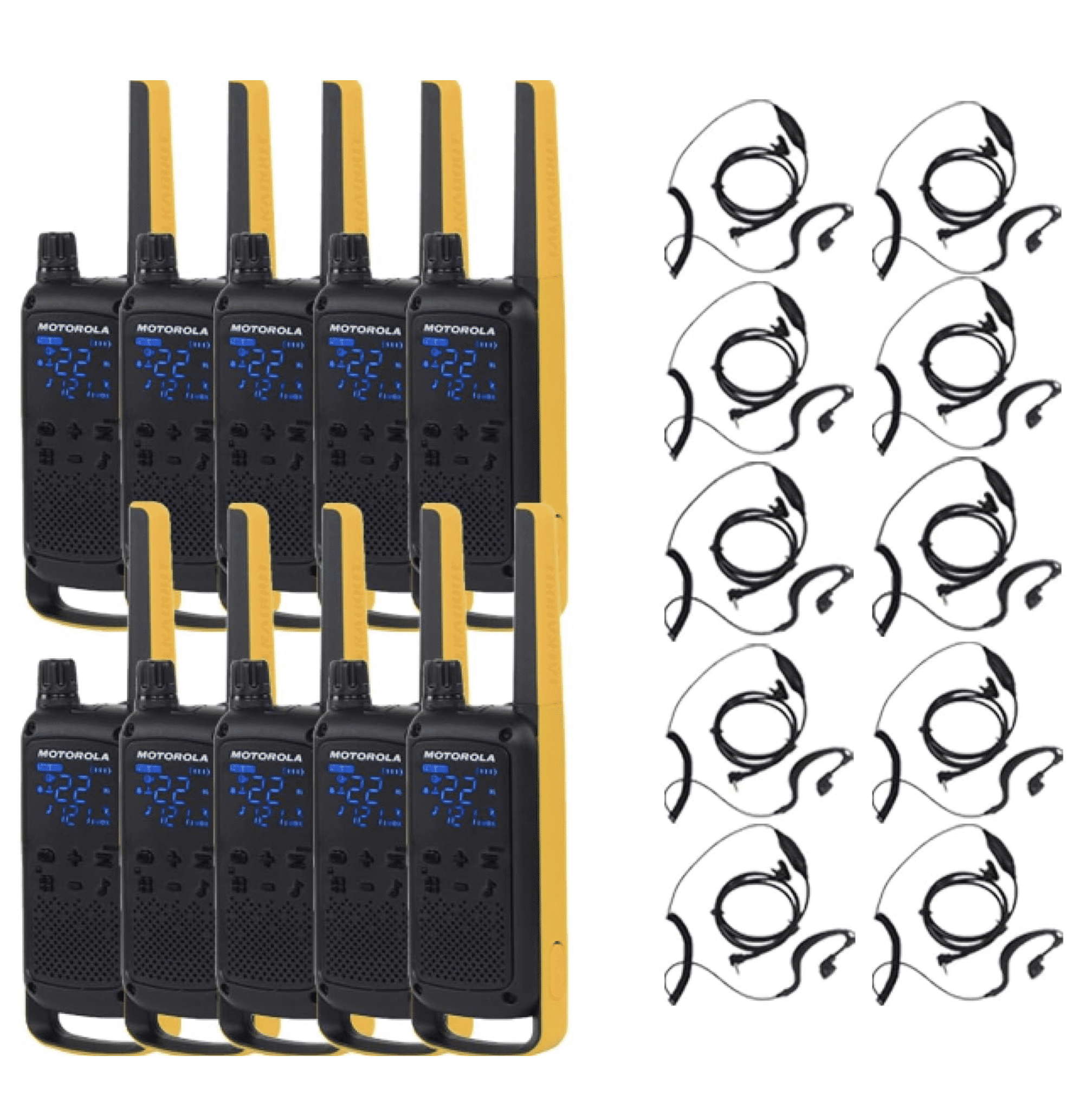 Motorola Talkabout T470 Two Way Radio 10-Pack Walkie Talkies Black/Yellow with 12 PTT Curl Earpieces