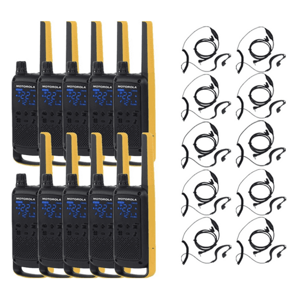 Motorola Talkabout T470 Two Way Radio 10-Pack Walkie Talkies Black/Yellow with 12 PTT Curl Earpieces