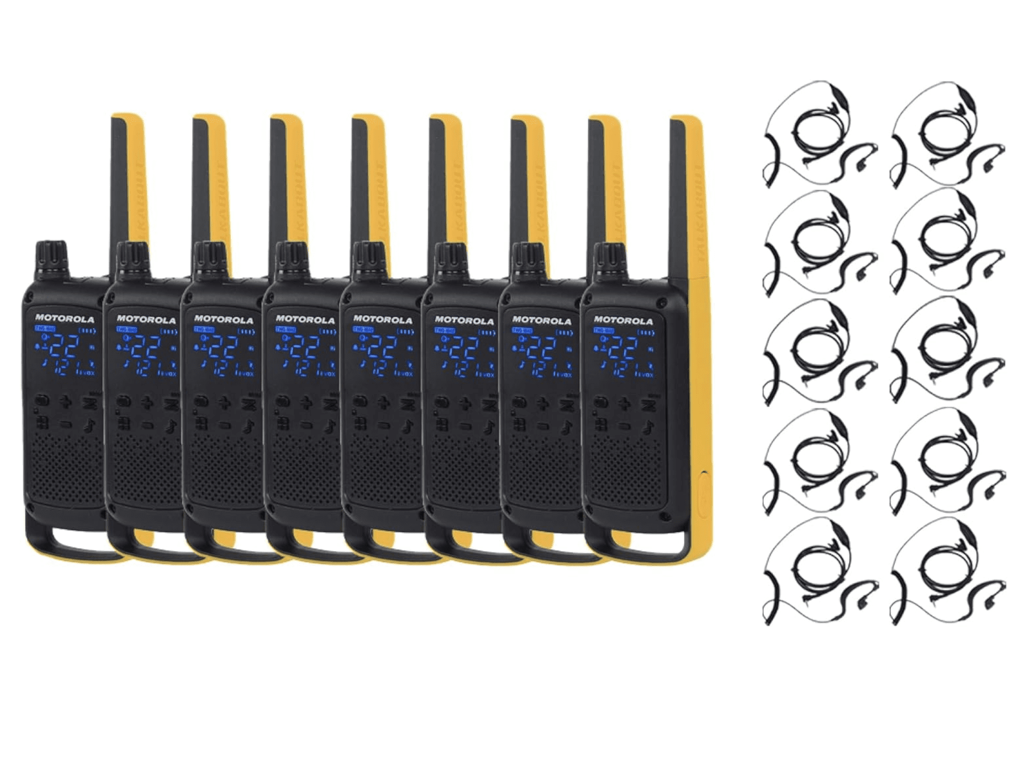 Motorola Talkabout T470 Two Way Radio 8-Pack Walkie Talkies Black/Yellow with 10 PTT Curl Earpieces