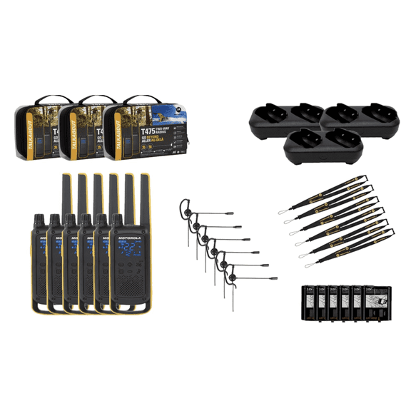 Motorola Talkabout T475 Two Way Radio 6-Pack Walkie Talkies Black/Yellow 22 Channels PTT Earpieces Carrying Case Rechargeable
