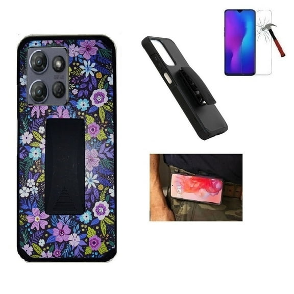 For Motorola moto g (2025)/ Moto G 5G 2025 Case, Patterned Shockproof 360-Degree Rotating Belt Clip Kickstand Case Cover  + Tempered Glass (Color Flowers)