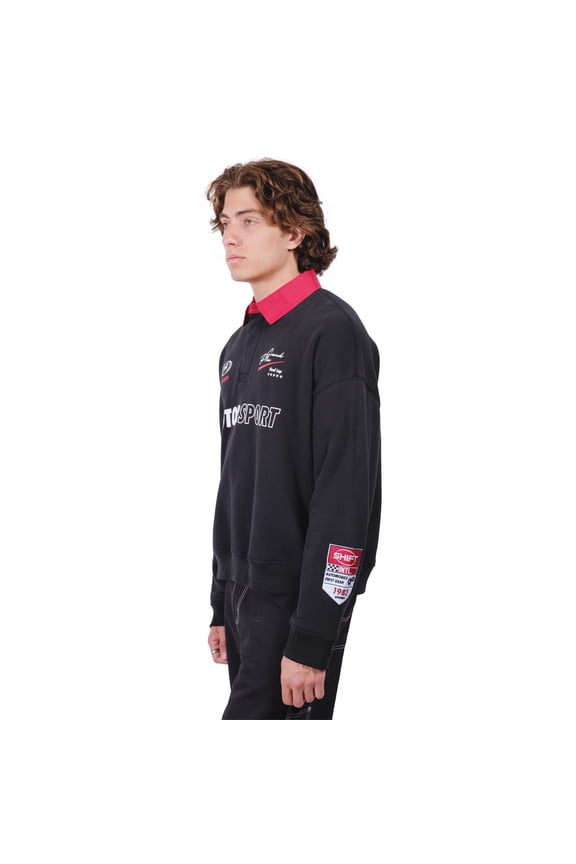Motorsport 82 Rugby Fleece, Pullover, Retro Racing Graphic, Contrast Collar, Black, Small
