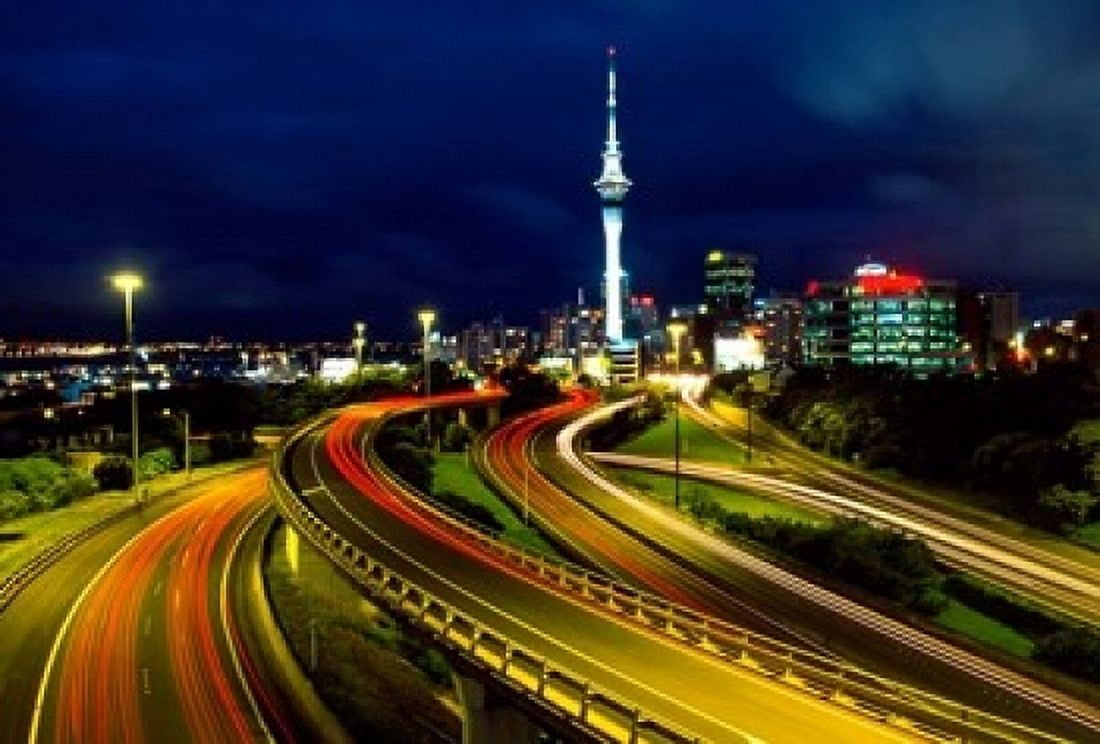 Motorways and Skytower Auckland Canvas Art - David Wall DanitaDelimont (18 x 12)