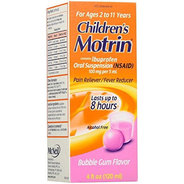 Motrin Children's Pain Reliever, Bubble Gum Flavored Ibuprofen Oral Liquid Suspension, 4oz For