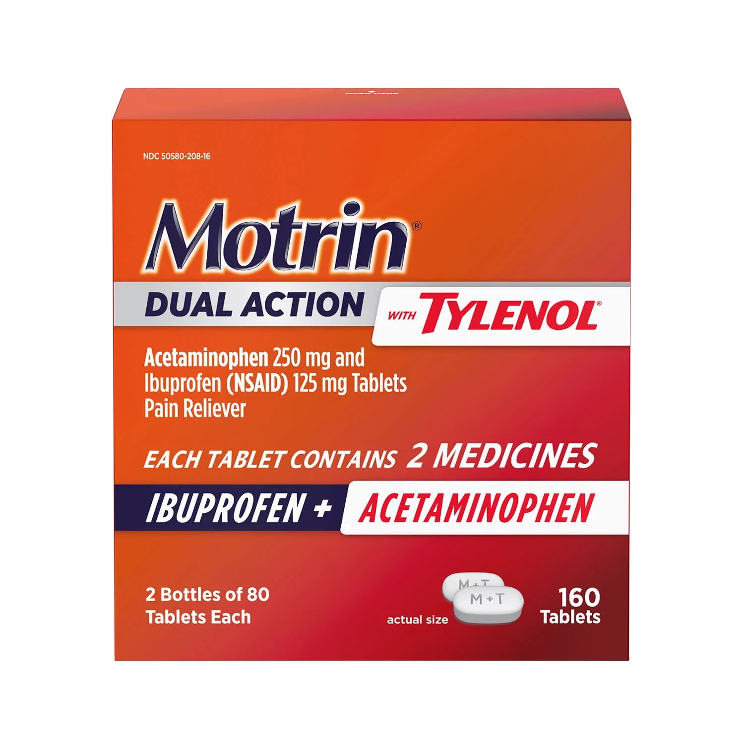 Motrin Dual Action with Tylenol, Ibuprofen \u0026 Acetaminophen, 80 Count (Pack of 2)