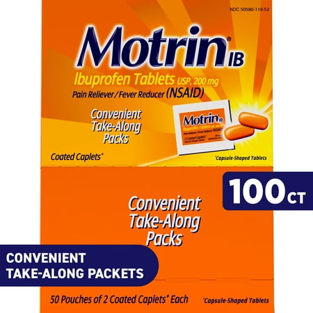 Motrin IB Ibuprofen 200mg Tablets for Pain & Fever, 50 packs of 2Ct