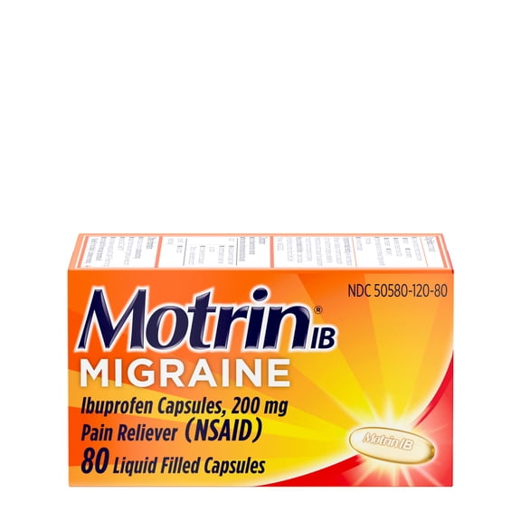 Motrin IB Migraine Relief Liquid Gel Capsules, 200 mg Ibuprofen, 80 Count