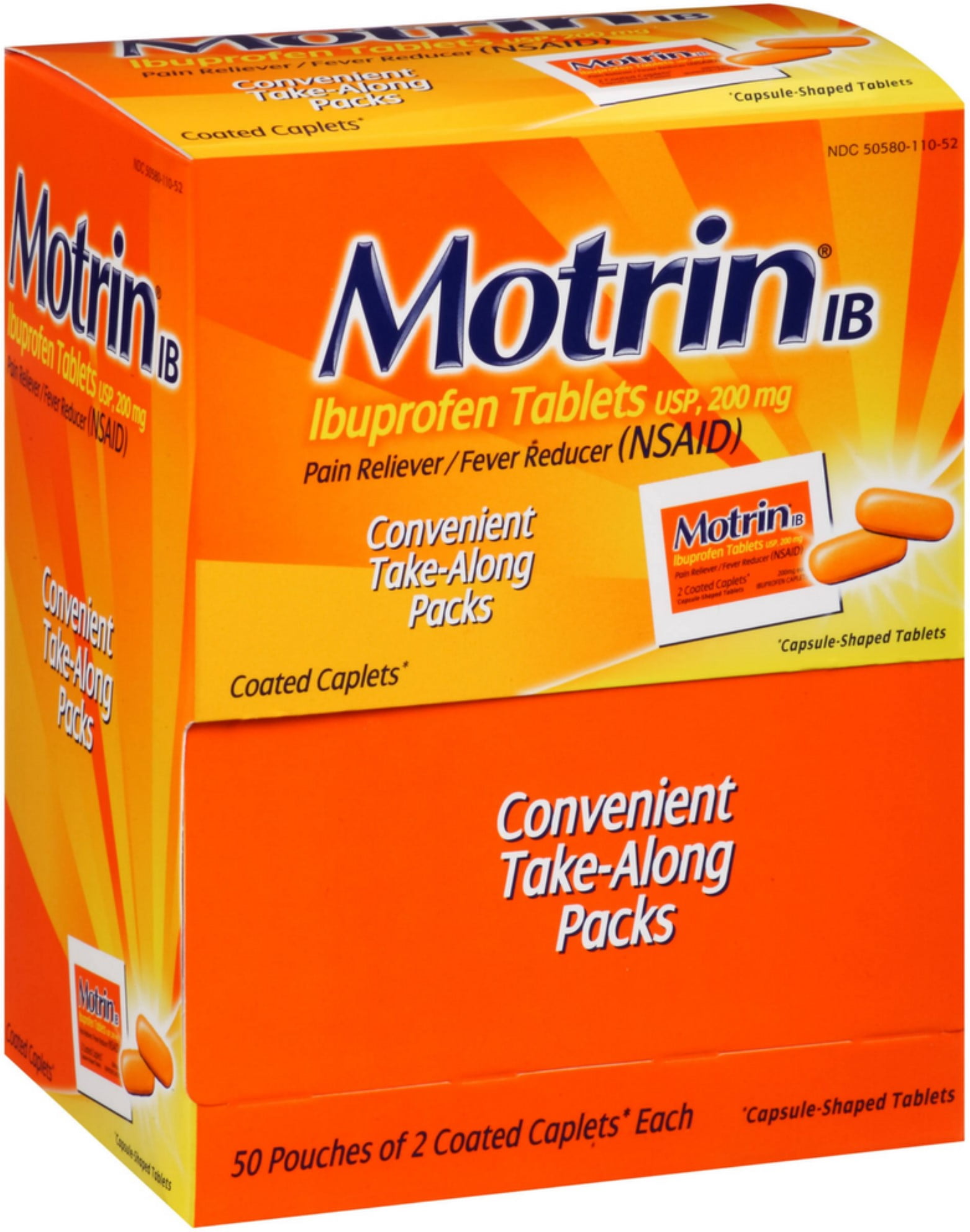 Motrin Ibuprofen Pain Relief/Fever Reducer Tablets, 2 Per Pack, 50 ea