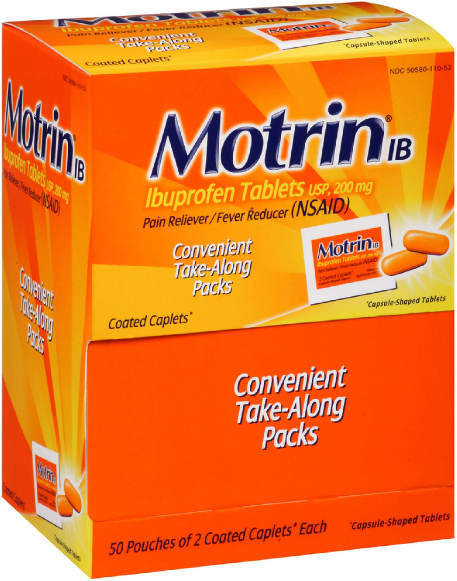 Motrin Ibuprofen Pain Relief/Fever Reducer Tablets, 2 Per Pack, 50 ea (Pack of 6) - image 1 of 1