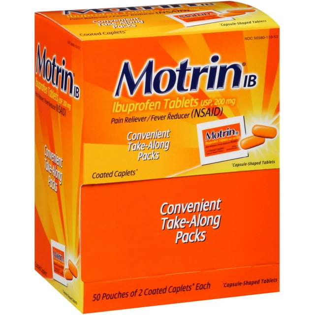 Motrin Ibuprofen Pain Relief/Fever Reducer Tablets, 2 Per Pack, 50 ea (Pack of 6)