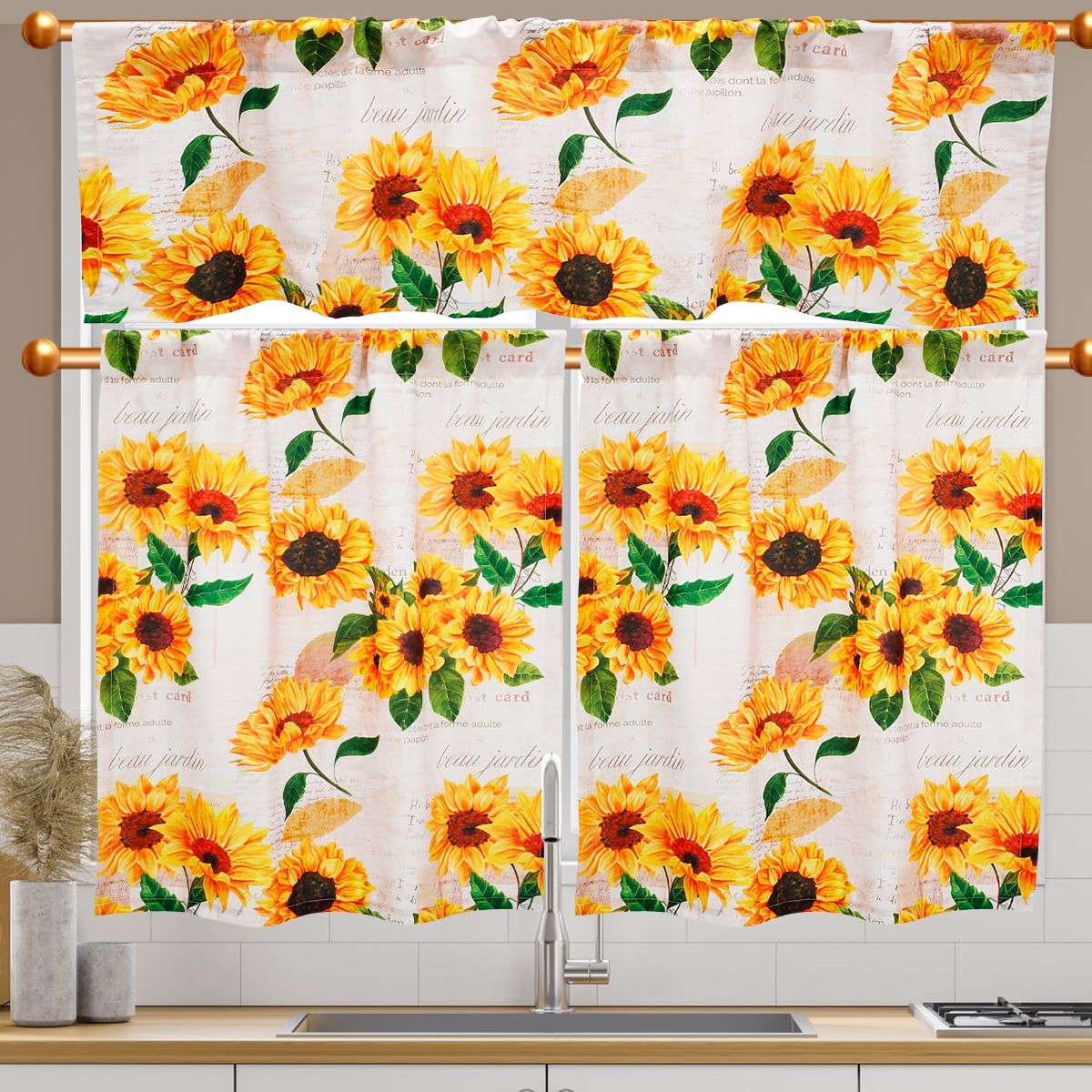 Motrke 3Pcs Valance and Tier Curtains for Windows Sunflower Kitchen