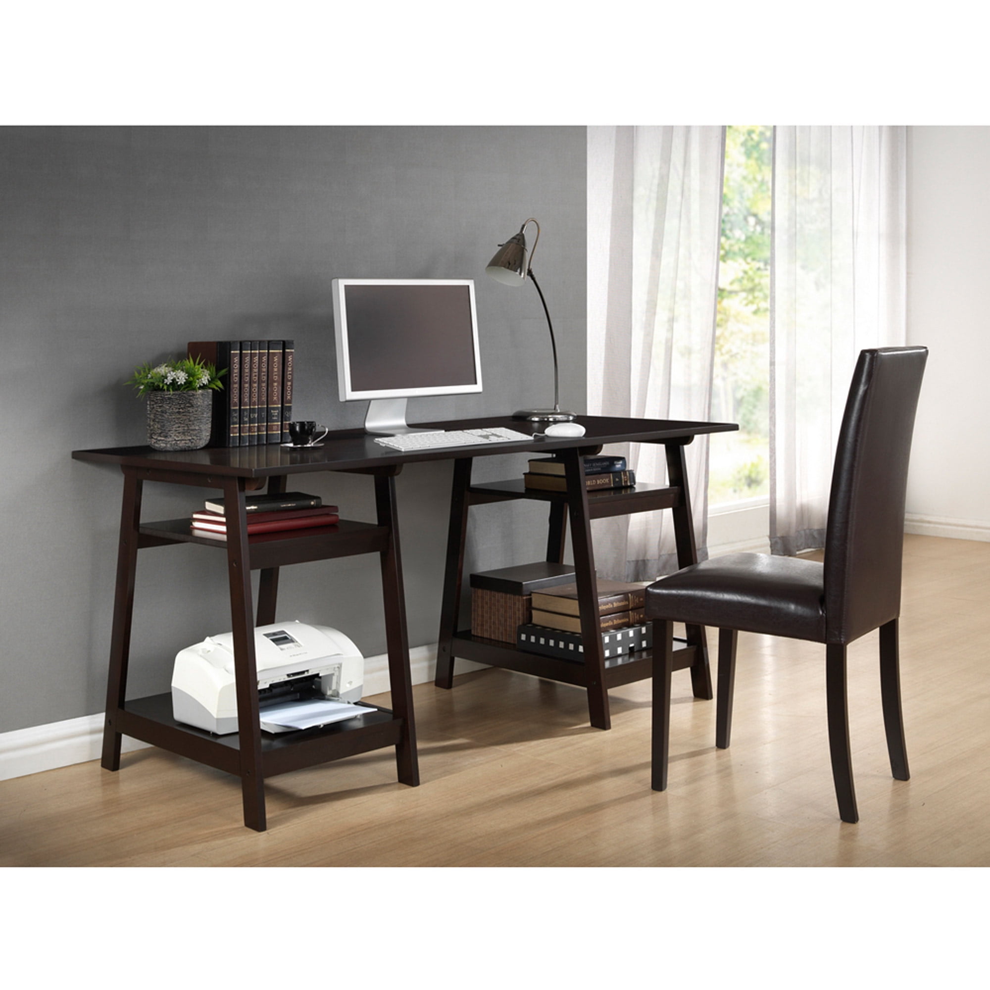 Mott Dark Brown Wood Modern Desk with Sawhorse Legs, Large