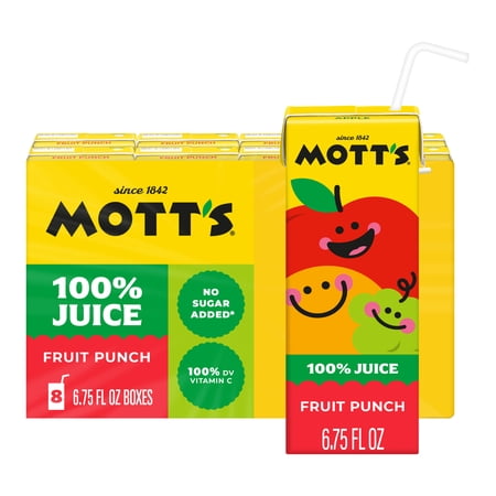 Mott's 100% Juice Fruit Punch Juice, 6.75 fl oz, 8 Count Boxes