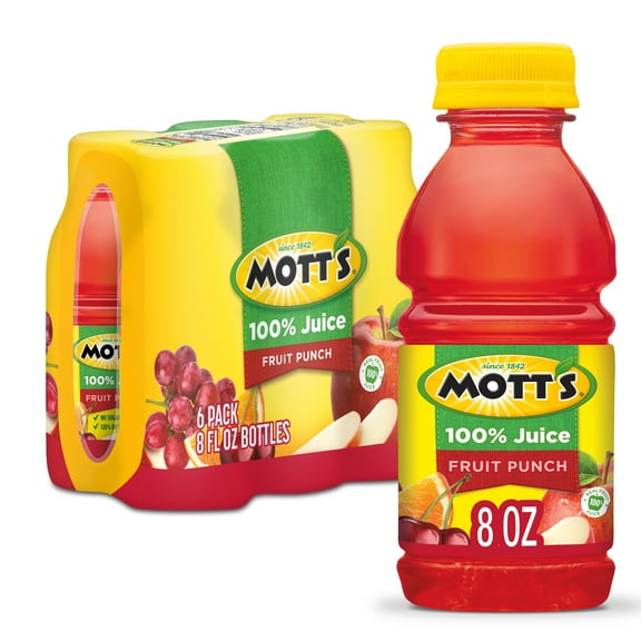 Mott's 100% Juice Fruit Punch Juice, 8 fl oz, 6 Count Bottles