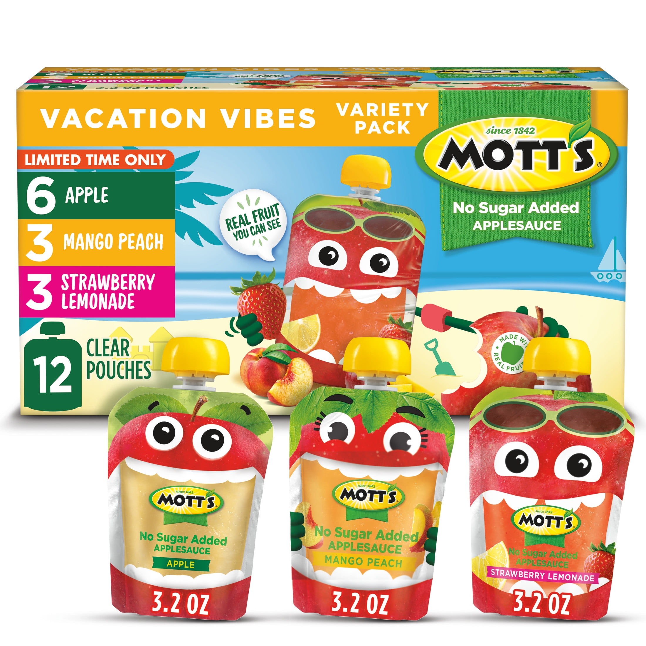 Motts No Sugar Added Vacation Vibes Applesauce Variety Pack, 3.2 oz, 12 Count Clear Pouches