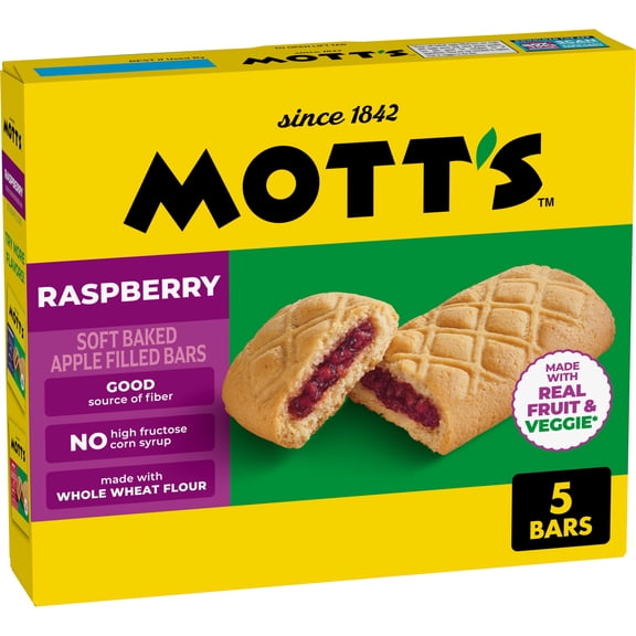 Mott's Soft Baked Apple Filled Bars, Raspberry Flavor Snacks, 5 Count, 6.55 oz