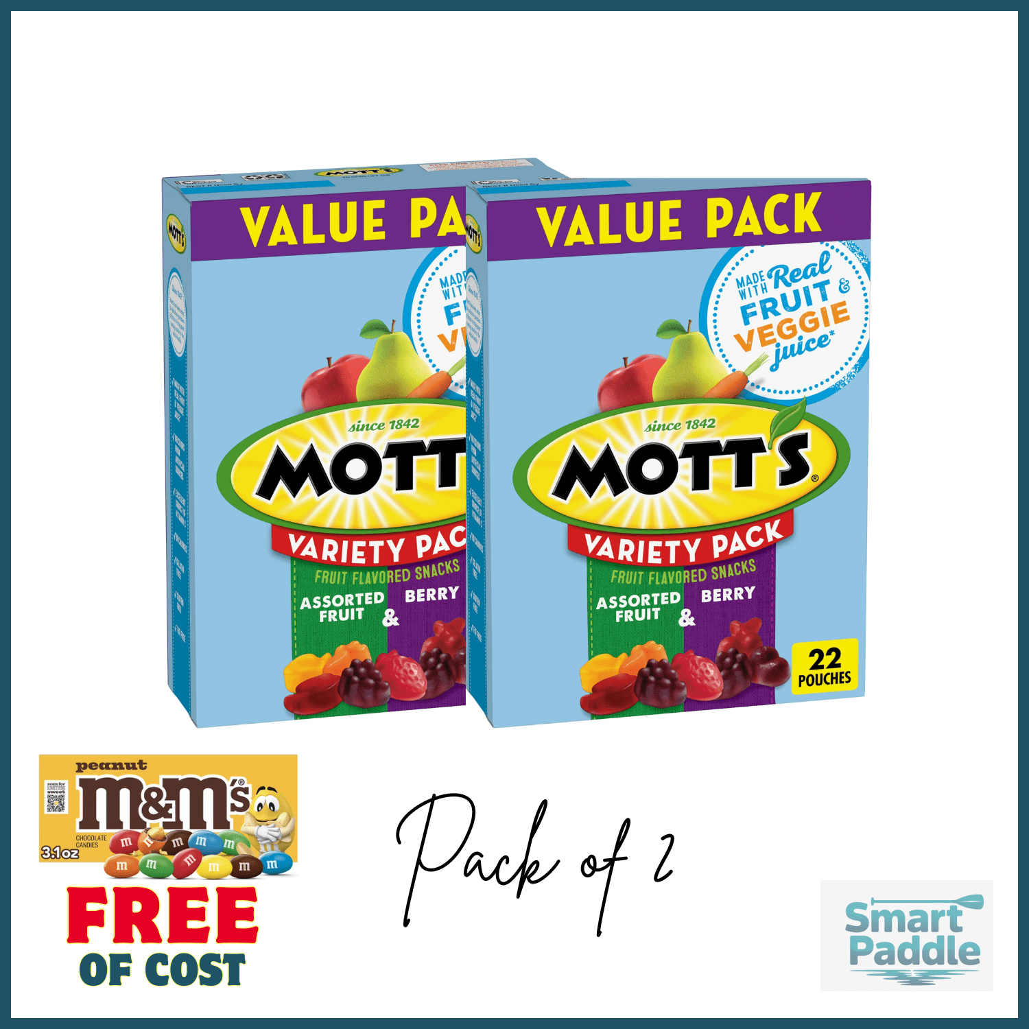 Mott's Berry and Assorted Fruit Flavored Snacks, Gluten Free, Value Pack, 22 Ct, 17.6 oz Pack of 2 and get 1 M&M's For Free