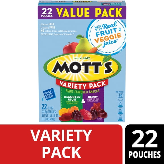 Mott's Berry and Assorted Fruit Flavored Snacks, Gluten Free, Value Pack, 22 Count, 17.6 oz