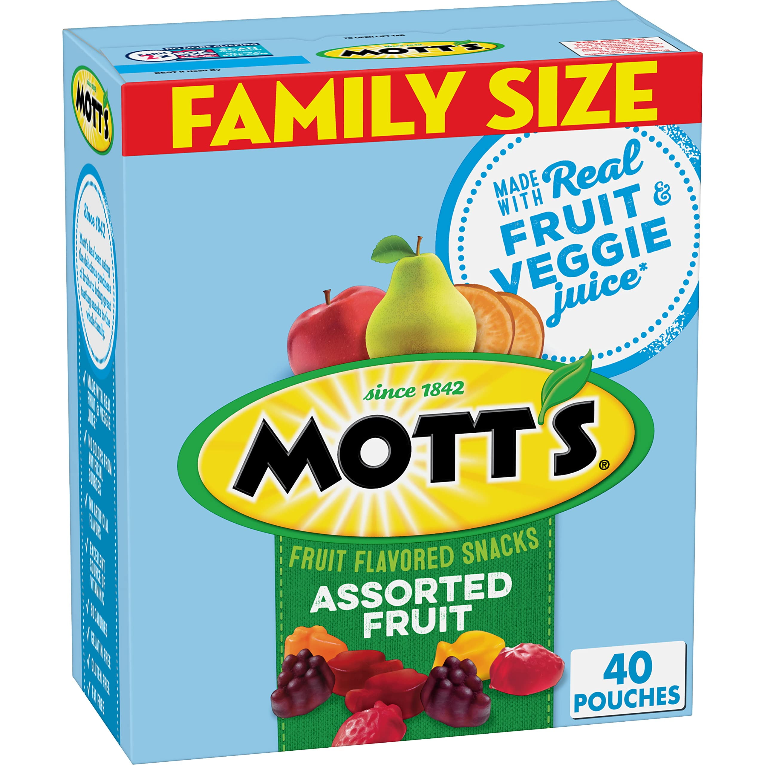 Mott's Fruit Flavored Snacks, AIF4Assorted Fruit, Pouches, 0.8 oz, 40 ct