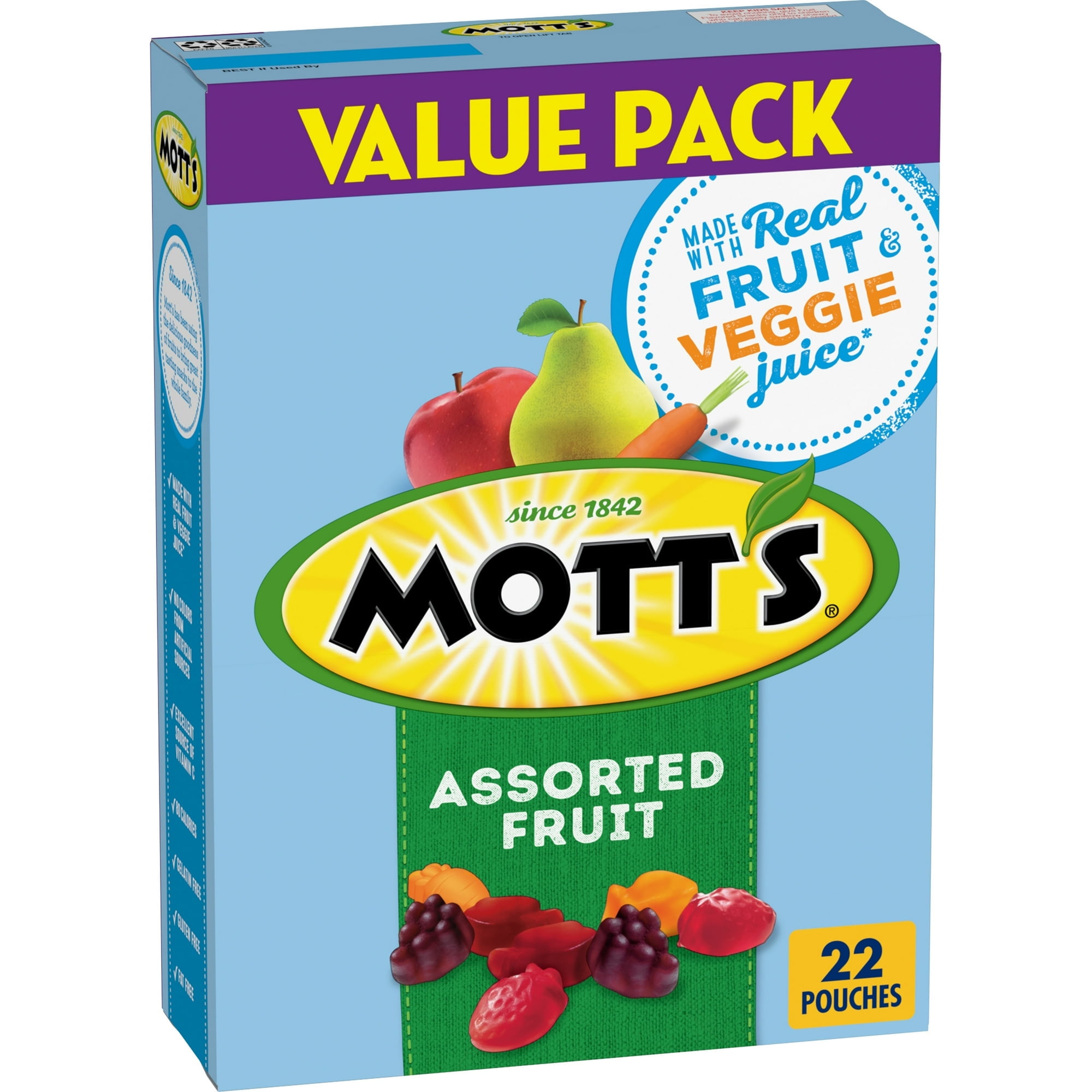 Mott's Fruit Flavored Snacks, Assorted Fruit, Gluten Free, Value Pack, 22 Pouches, 17.6 oz