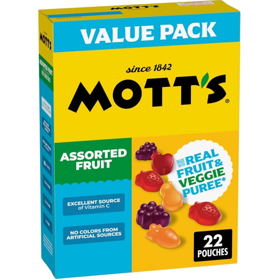 Mott's Fruit Flavored Snacks, Assorted Fruit, Gluten Free, Value Pack, 22 Pouches, 17.6 oz