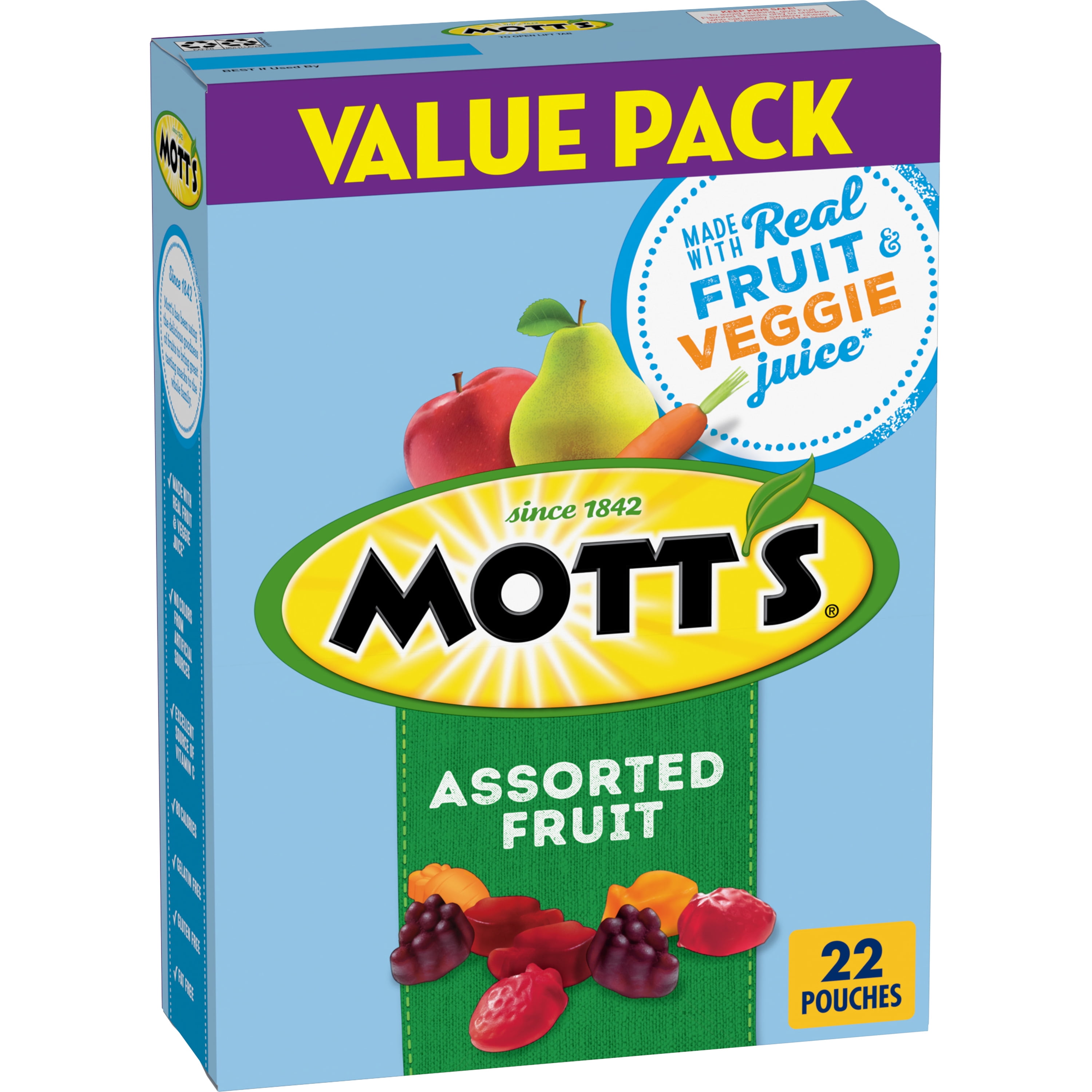 Mott's Real Juice Gummies, Assorted Fruit Snacks, Gluten-Free, 0.8 oz Pouches, 22 ct