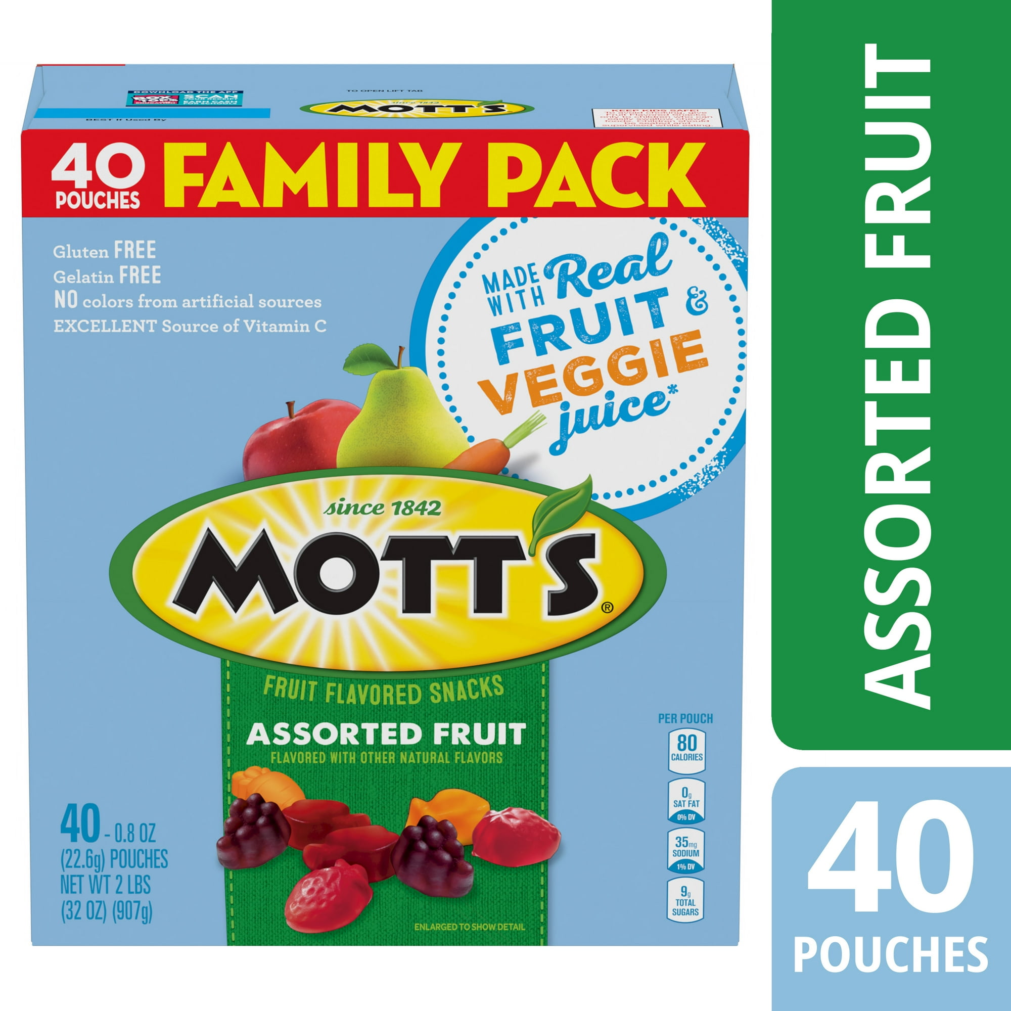 Mott’s Fruit Flavored Snacks, Assorted Fruit, Pouches, 0.8 oz, 40 ct